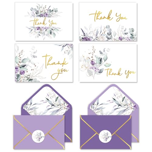 JarThenaAMCS 48Pcs Floral Thank You Cards Greeting Card Purple Flower Gold Foil Blank Note Cards with Envelopes Stickers Glue Points for Wedding Bridal Baby Shower Birthday