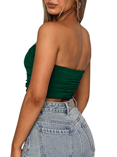 Remidoo Women's Ruched Strapless Push Up Bustier Corset Crop Top Bandeau Tube Tops Party Clubwear Darkgreen Medium #TOP1
