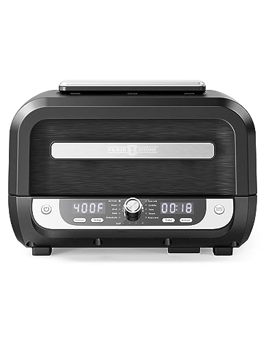 Paris Rhône Smokeless Indoor Grill & Air Fryer Combo, 12-in-1, Grill, Griddle, Air Fry, Broil, Bake, Crisp, Roast, Dehydrate, and more, Dual Heating Elements, Smart Thermostat, Easy Knob Control