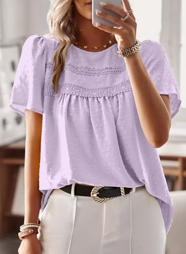 Image of Falechay Womens Summer Tops Crewneck Short Sleeve Shirts Casual Chiffon Blouses Flowy Lace Hem Boho Clothing Trendy 2026