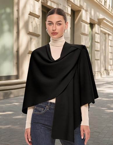 Womens Large Shawl Wraps Poncho Sweater Cross Front Topper Black