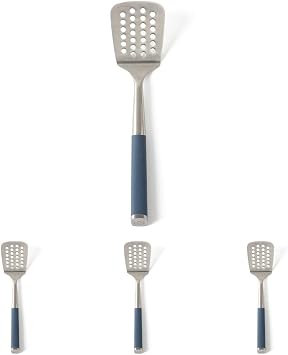 Calphalon Slotted Turner, Kitchen Flipping Spatula, Stainless Steel with Silicone Heat Resistance Handle, Nonstick-Safe Spatula for Draining and Flipping Navy, Slotted Turner Pack of 4