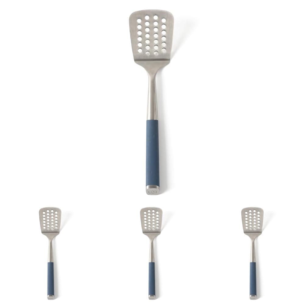 Calphalon Slotted Turner, Kitchen Flipping Spatula, Stainless Steel with Silicone Heat Resistance Handle, Nonstick-Safe Spatula for Draining and Flipping (Navy), Slotted Turner (Pack of 4)
