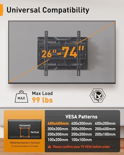 Perlegear Full Motion TV Wall Mount for 26-74 inch TVs, Height Adjustable TV Mount, Pre-Assembled Wall Mount TV Bracket with Tool-Free Tilt, Swivel, Fits 16” Studs, 99 lbs, Max VESA 400x400mm, PGMF21
