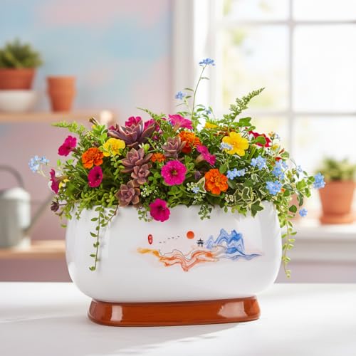 Image of Xtore Graceful Landscape Ceramic Planter Bowl for Home & Office Decor | Hand-Painted Glazed Flower Pot for Living Room, Balcony, Tabletop & Shelf Styling (Green, 19.3cm x 13cm)