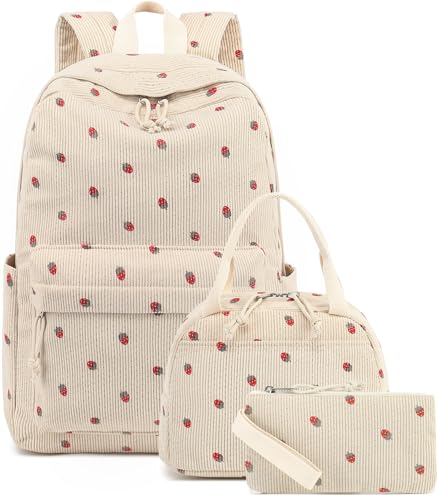 Bluboon School Backpack Teens Girls Boys Kids School Book Bags with Lunch Box Pencil Bag (Corduroy-Strawberry)