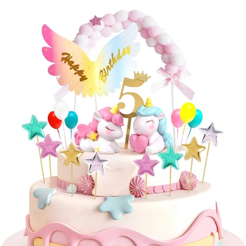 Decoracion Tarta Unicornio 5 Años, Adornos Tarta Cumpleaños Niña Unicornio 5, Cake Cupcake Topper Unicornio, Decoracion Cumpleaños para Niños Niña