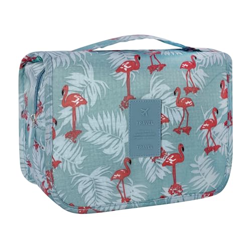 Lcsmaokin Large Capacity Toiletry Bag Travel Bag with Hanging Hook for Men and Women Waterproof Travel Cosmetic Bag Bathroom Storage Bag for Brushes Set,Full-Sized Shampoo,Accessories -Grey Flamingo