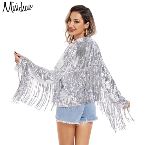 MISI CHAO Sequin Fringe Jacket Shiny Disco Cowgirl Outfit Theme Y2K 90s Streetwear Jacket Glitter Tassel Coat3
