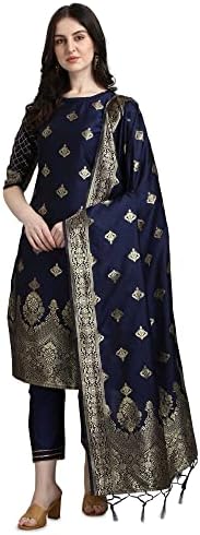 VredeVogel Women's Cotton Silk Jacquard Kurta Pant with Banarasi Silk Dupatta