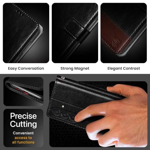 Image of FLIPPED Vegan Leather Flip Case Back Cover for Samsung Galaxy M17 5G | A17 5G | F17 5G (Flexible, Shock Proof | Hand Stitched Leather Finish | Card Pockets Wallet & Stand | Black with Brown)