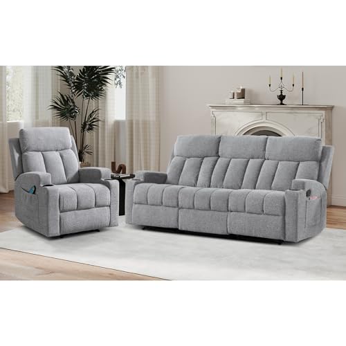 CANMOV Manual Recliner Sofa Set, Fabric Recliner Living Room Furniture Sets, 1 Seat Reclining Chair and a 3 Seate Sofa Furniture Set with Side Pockets and Cup Holders, Light Grey