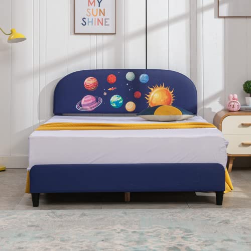 Mixoy Twin Size Kids Bed Frame, Faux Leather Upholstered Platform Bed Frame With Curved Headboard, Blue Bed Frame For Children (Twin, Space) #TOP1