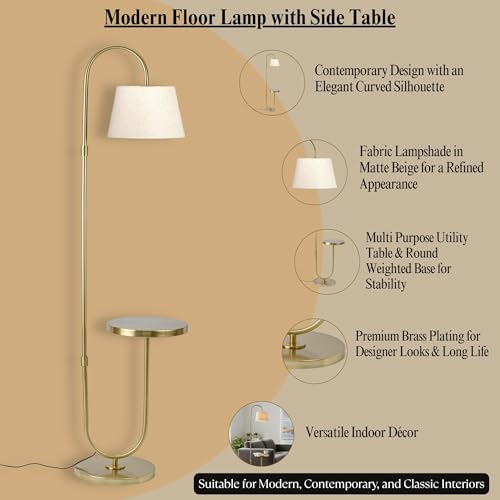 Image of Deco Crush Modern Table Shelf LED Floor Lamp Standing Brass Antique Gold Finish 5ft Height with Shelf Diameter 12inches Home Decoration, Living Room and Beige Lampshade (Pack of 1)