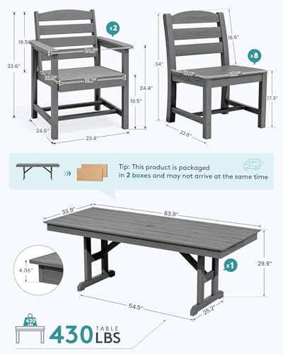 Image of SERWALL 10 Piece 84 inch HDPE Outdoor Dining Set for 8 with 6 Armless Chair, 2 Armchairs and Umbrella, Gray