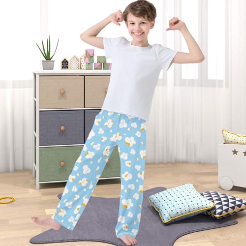 Boy's Pj Pants Popcorn Fluffy Light Blue Lounge Bottoms Elastic Kids Sweatpants Joggers with Pockets Size 6-144