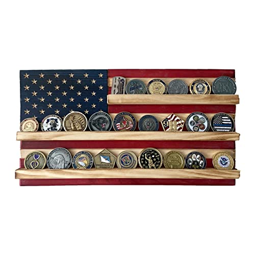 Flags of Valor American Flag Challenge Coin Display, Holds 25 Military Coins, Military Coin Holder Wall Decor Made in USA by Veterans, Ready to Hang US Flag Patriotic Art (Extra Small, 10