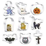 PAQUETE: formas de 9 piezas: gato, calabaza, gato asustado, fantasma, cara de gato, murciélago, piedra sepulcral, cruz y hombre de pan de jengibre.Todos tienen un tamaño moderado, no muy grande, muy adecuados para galletas de Halloween, puede hornear con seguridad su hijo nunca lastimará la mano del niño, ¡perfecto para una fiesta de Halloween!