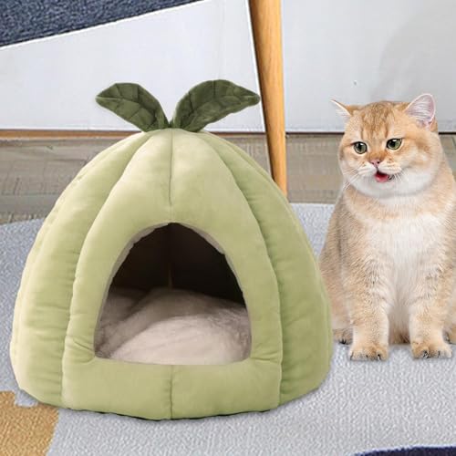 Ioensy Cama para animais de estimação, semi-fechada, formato de abóbora, ninho de gato, dormir, maci