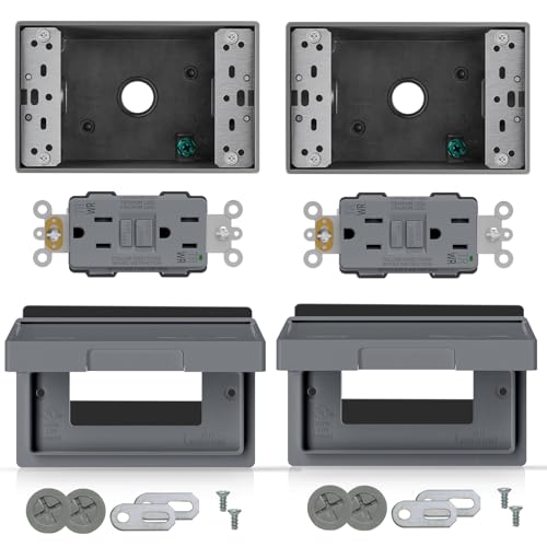 ELEGRP 15 Amp Outdoor GFCI Outlet Kit, with Horizontal Weatherproof Cover and Box, 1 Gang, TR WR Self-Test GFI Receptacle, Metallic Electrical Outlets Boxes, UL Listed, Grey, 2 Pack