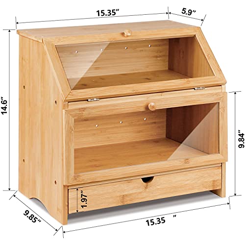 Homekoko Large Bamboo Two-Layer Bread Box With Drawer, Double Layers Large Bread Box For Kitchen Counter, Wooden Large Capacity Bamboo Bread Food Storage Bin (Natural) #TOP4