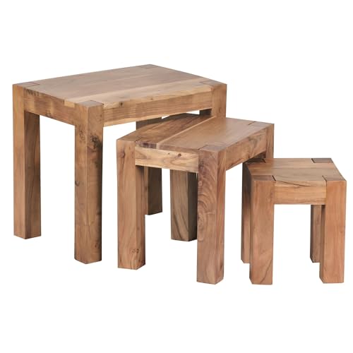 Wohnling 3er Set Mumbai Satztisch Massiv-Holz Akazie Wohnzimmer-Tisch Landhaus-Stil Beistelltisch dunkel-braun Naturholz