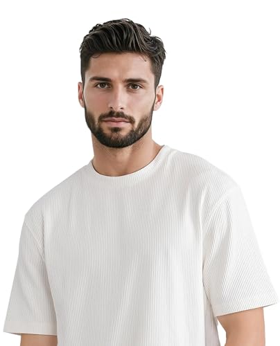 Image of GRECIILOOKS Men's Polycotton Textured Drop Shoulder Oversized Fit T-Shirt