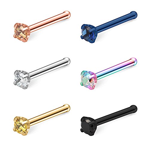 Ruifan 6PCS 18G Surgical Steel Mix Color Diamond CZ Nose Stud Rings Bone Pin Piercing Jewelry 2mm