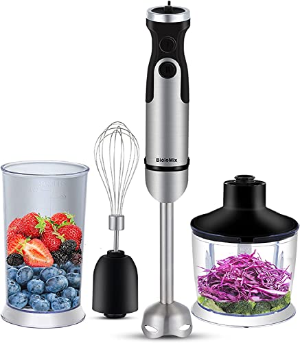 BioloMix Stabmixer BHB1200 (1200W, 6 Geschwindigkeitsstufen + TURBO, inkl. 500ml Zerkleinerungsschüssel und 600ml Becher) mit Edelstahlklingen, BPA-frei Cover