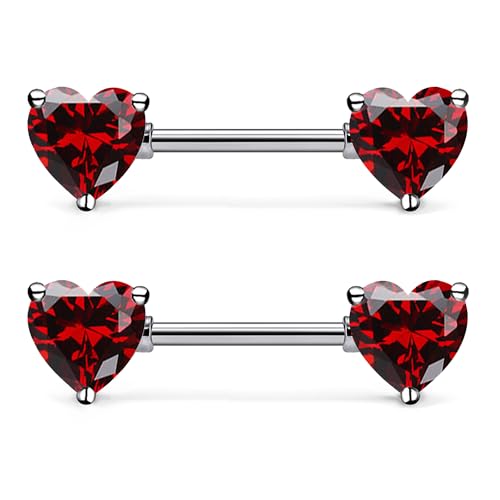 Gnznzko 14G Astm F136 Titanium Nipple Piercing Jewelry Heart Red CZ Nipple Barbell Jewelry Internally Threaded G23 Solid Titanium Nipple Piercing Barbell Rings Jewelry for Women Men 14 Gauge