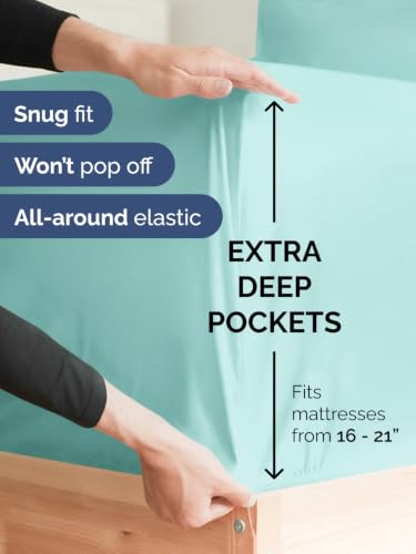 Image of Extra Deep Pocket Twin XL Size Sheet Set - Breathable & Cooling - Spa Blue