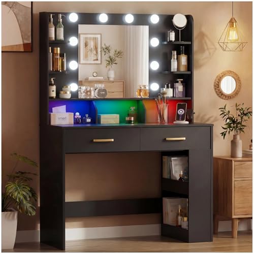 LUCKRACER Vanity Desk with LED Lights Mirror & Charging Station,
