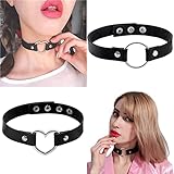 Conruich 4 Stück Leder Choker Damen Herz Anhänger Choker Einstellbar PU Leder Halskette Set Metall Ring Halsband Schwarz Punk Rock Gothic Halsband Kragen mit Kreis Herz für Frauen Zubehör