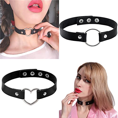 Conruich 4 Stück Leder Choker Damen Herz Anhänger Choker Einstellbar PU Leder Halskette Set Metall Ring Halsband Schwarz Punk Rock Gothic Halsband Kragen mit Kreis Herz für Frauen Zubehör