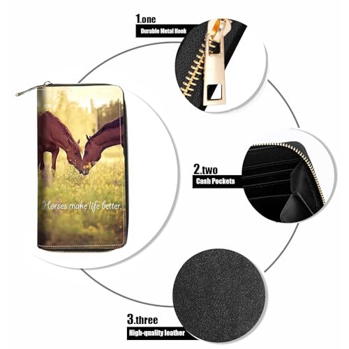 Women's Horses Make Life Better Print PU Leather Zipper Wallet, Large Capacity, Compact, Black4