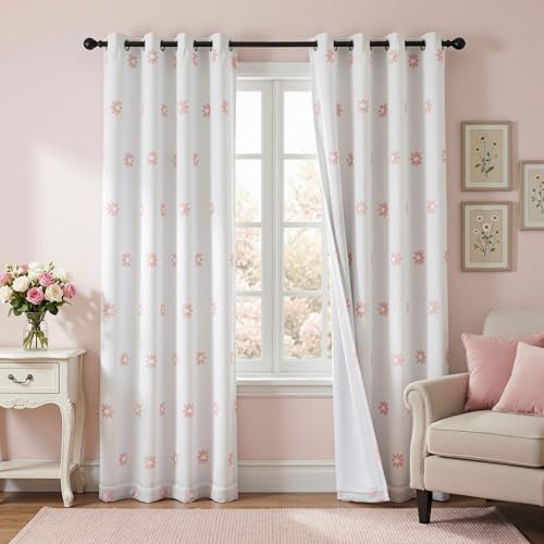 MYSKY HOME Pink Floral Blackout Curtains for Nursery Thermal Insulated Flower Sheer Curtain 72 Inch Long for Girls Bedroom Double Layered Window Drapes for Dining Room Grommet, 50 x 72 in, 2 Panels