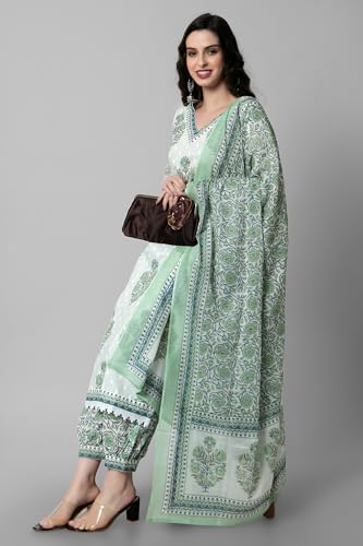 Image of Arayna Women's Cotton Printed Floral Straight Kurta with Palazzo Pants and Dupatta Set