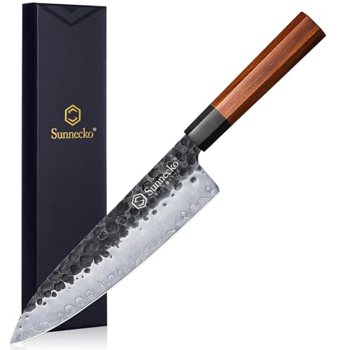 Sunnecko Japanese Chef Knife 8 Inch - Professional Chefs Knife with 3-Layer High Carbon Stainless Steel 9CR18MOV Blade, Sharp Kitchen Knives with Octagon Wooden Handle Cutting Knives