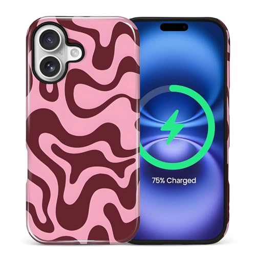 Goodsprout for iPhone 16 Plus Cases,Campatible with Magsafe,2-Layer Hard Shell + Silicone Cover - Shockproof Protection, High-end and Fashionable Phone Case Brown and Pink Water Splash Hand-Painted