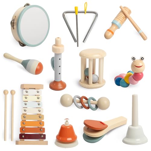 Image of OIDIRE Toddler Musical Instruments Set, Montessori Baby Wooden Toys for Toddlers 1-3, Percussion Instruments for Kids with Xylophone, Neutral Colors Preschool Music Toys
