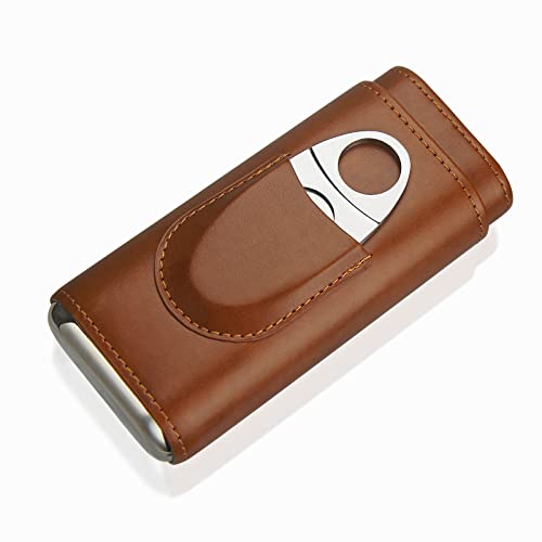 Cgaplus 3-Finger Leather Cigar Case With Cutter Cedar Wood Lined Cigar Humidor Portable Travel Cigar Case(Brown) #TOP2