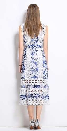 Image of LAI MENG FIVE CATS Women's Sleeveless Hollow Out Lace Button Up Casual Midi Party Dress with Belt
