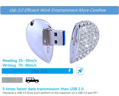 Ecoodisk 128Gb Usb 3.0 Flash Drive Diamond Heart With Necklace Memory Stick High Speed Thumb Drive Jump Drive Data Storage Silver #TOP3