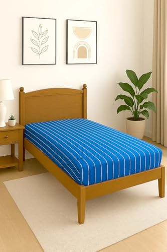 Image of 400 TC Handloom Traditional Cotton Bed Sheet for Single Bed Cover Premium Sustainable Fabric 100% Cotton Multicolor, Striped Pattern Traditional Design (60X90, Blue) Without pillowcovers