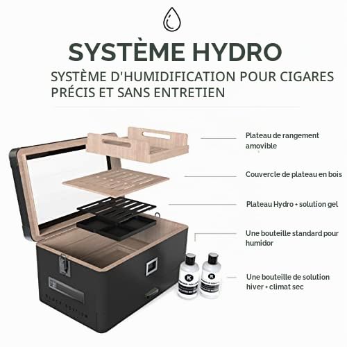 Case Elegance Black Edition Cave à cigares avec dessus en verre et hygromètre numérique frontal, cèdre espagnol, solution de cigare, système hydro et tiroir en mousse pour accessoires, pour 50 à 100 – vue 4