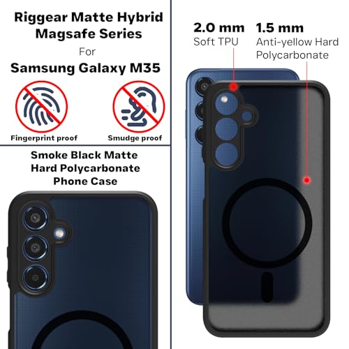 Image of RIGGEAR Shockproof Sleek Hybrid Armor Back Cover Case Compatible with MagSafe Accessories for Samsung Galaxy M35 5G (Smoke Black Matte PC + Black TPU Bumper)