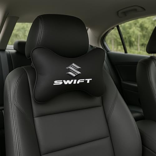 Image of Maruti Suzuki Swift Car Headrest Neck Pillow - Neck Support Cushion for Driving | Soft Polyester, Ergonomic, Pain Relief, Travel Use | 26 x 18 cm (Black)