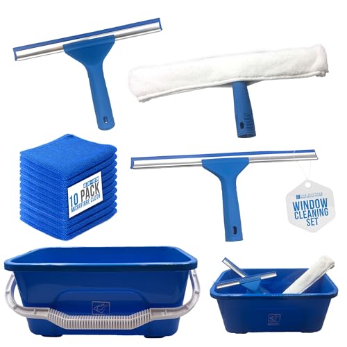 Window Cleaning Equipment Bundle - 42cm Large Window Cleaner Bucket, Microfibre Washer with Handle, Large and Small Window Squeegee with Rubber Lip, Free 10 Microfibre Cloths