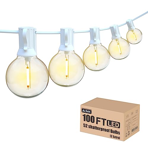 Achin Outdoor String Lights 100FT G40 Globe Patio Lights Outdoor Waterproof with 50+2 Shatterproof LED Bulbs 2700K Dimmable String Lights for Outside Backyard Party Wedding, White Wire by Achin - Used condition - US$42.48