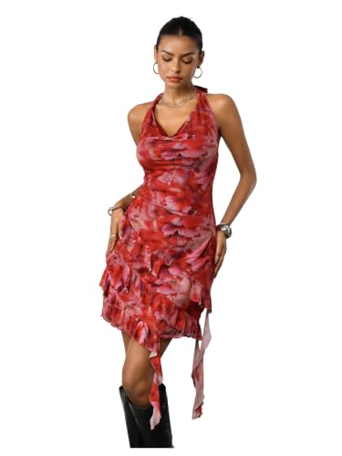 Floerns Women's Cheetah Draped Halter Mini Dress Tiered Ruffle Club Outfits | Backless, Leopard, Y2K, Rave Festival, Concert Outfits, Going Out Dresses, Hot Pink, Medium